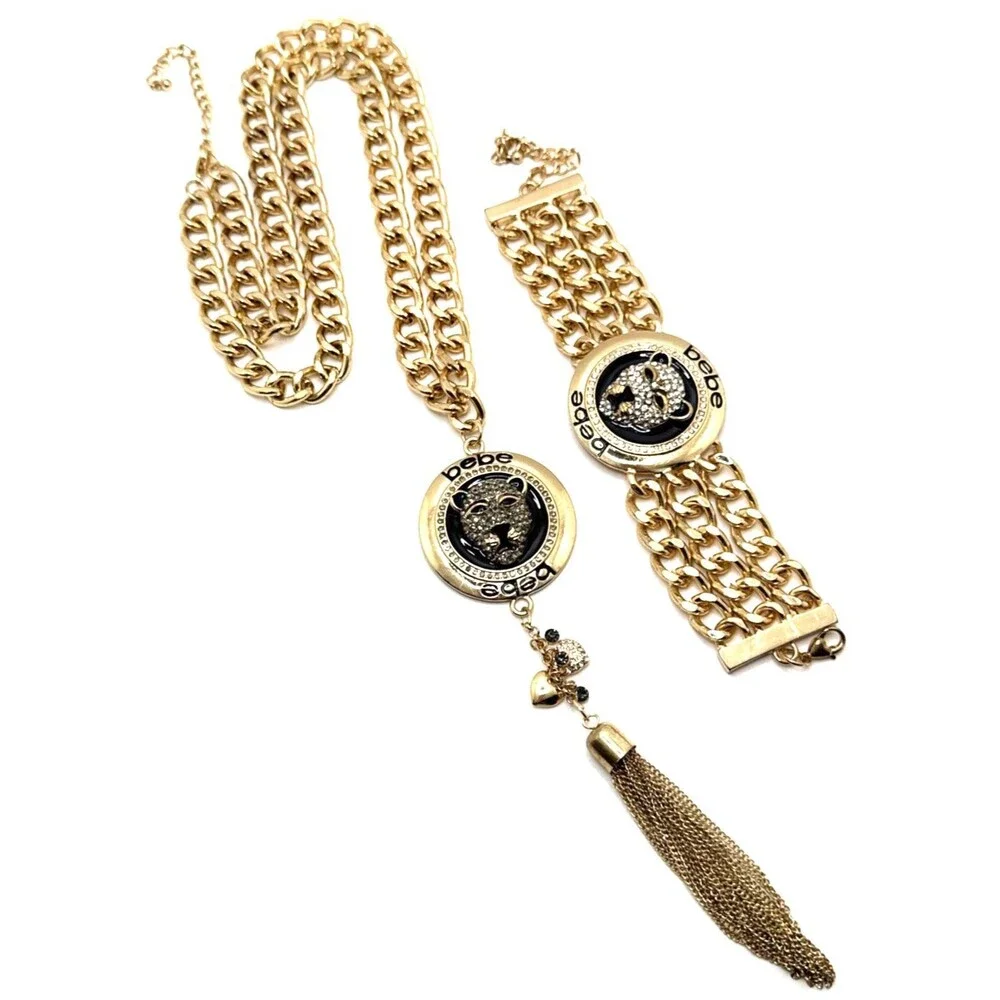 bebe Cheetah Pendant Necklace Bracelet Set Rhinestones Gold Tone Chunky Runway